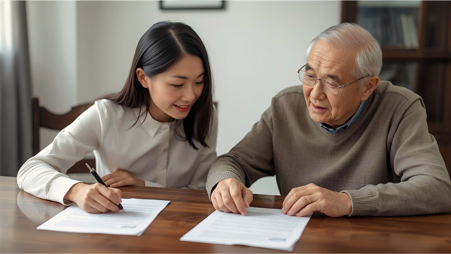 Adult child reviewing legal documents with an elderly parent at a table, symbolizing incapacity planning and power of attorney protection.