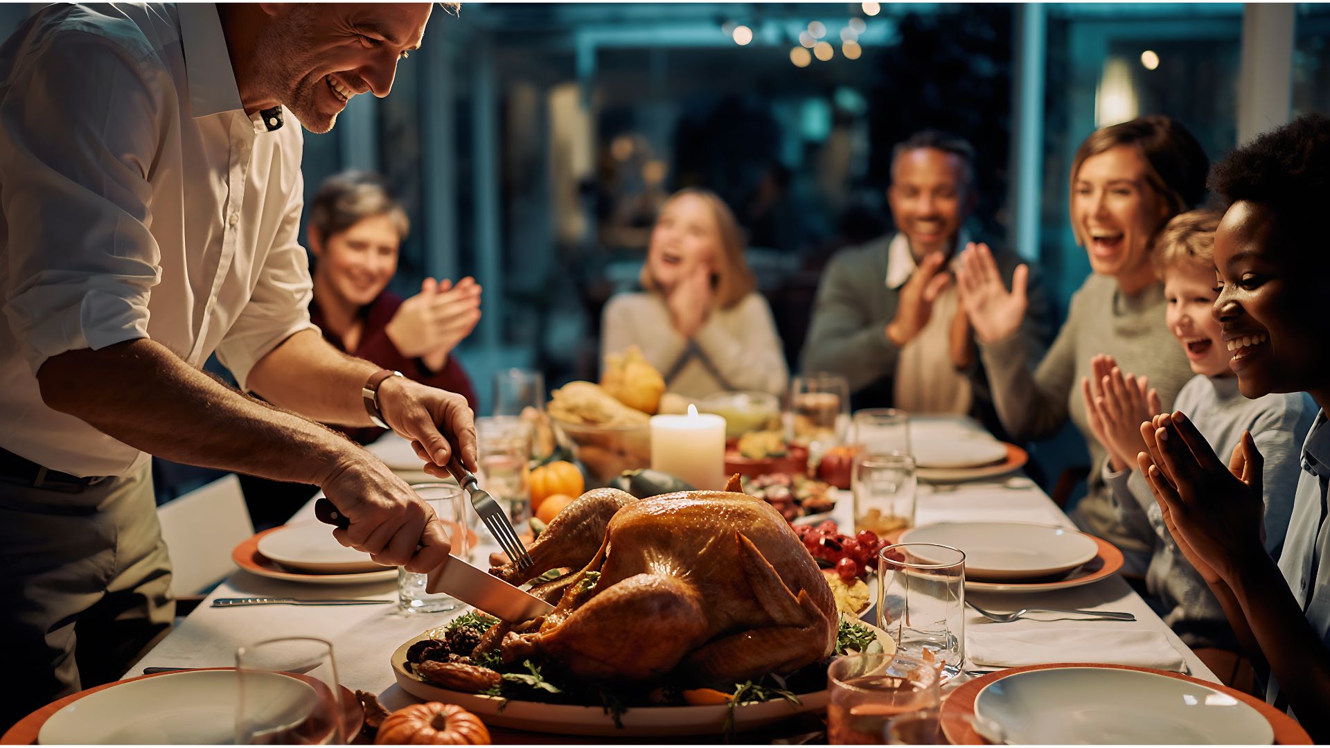 Family gathered around a Thanksgiving table, sharing a meal and expressing gratitude together.