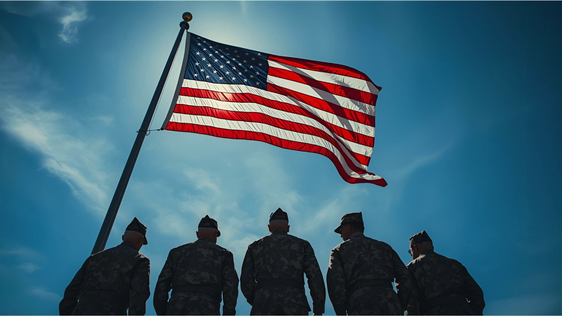 United States veterans standing underneath the flag, honoring their service and sacrifice on Veterans Day