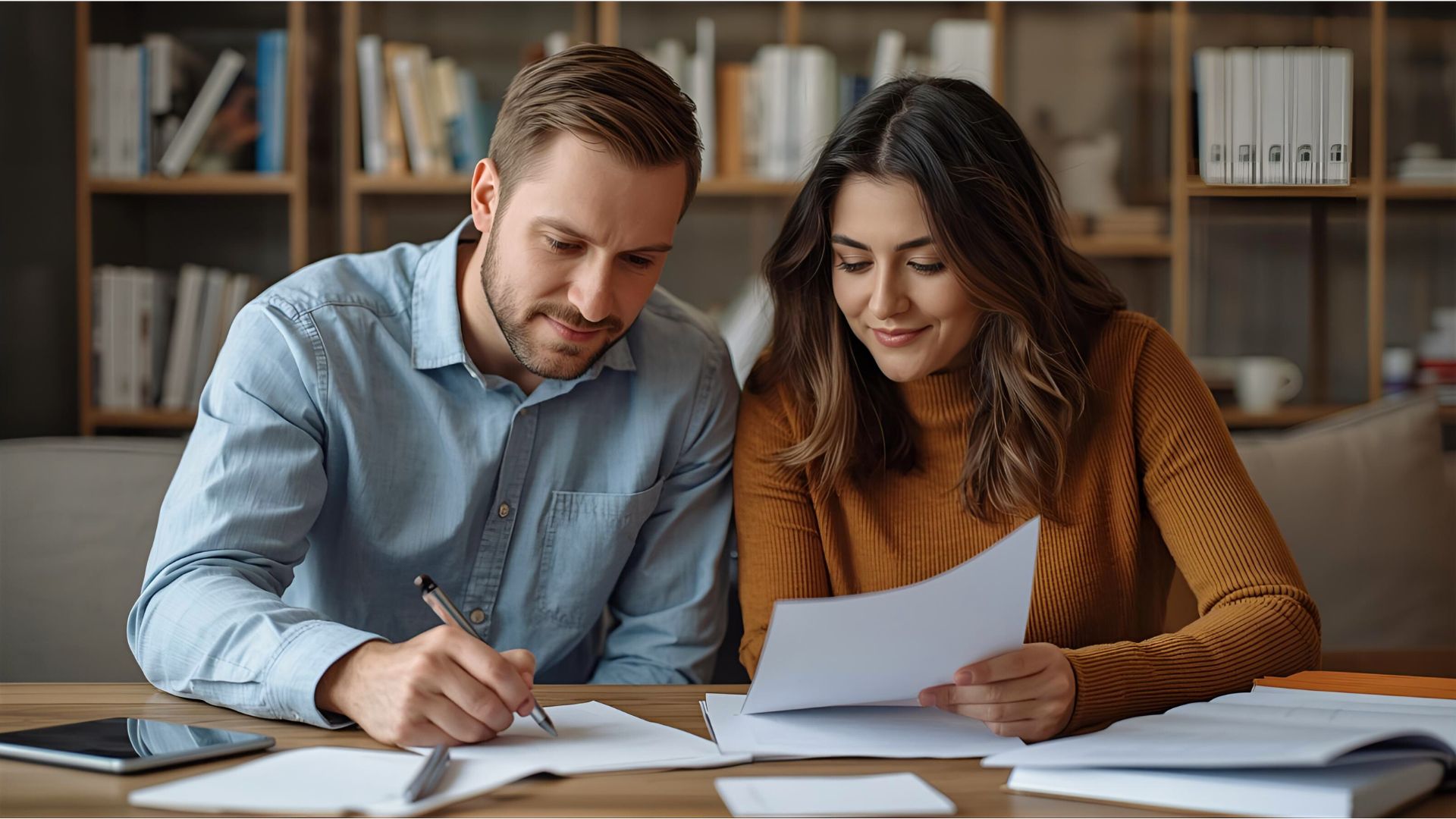 Husband and wife reviewing an estate planning checklist at a table with legal documents, representing year-end legacy planning.