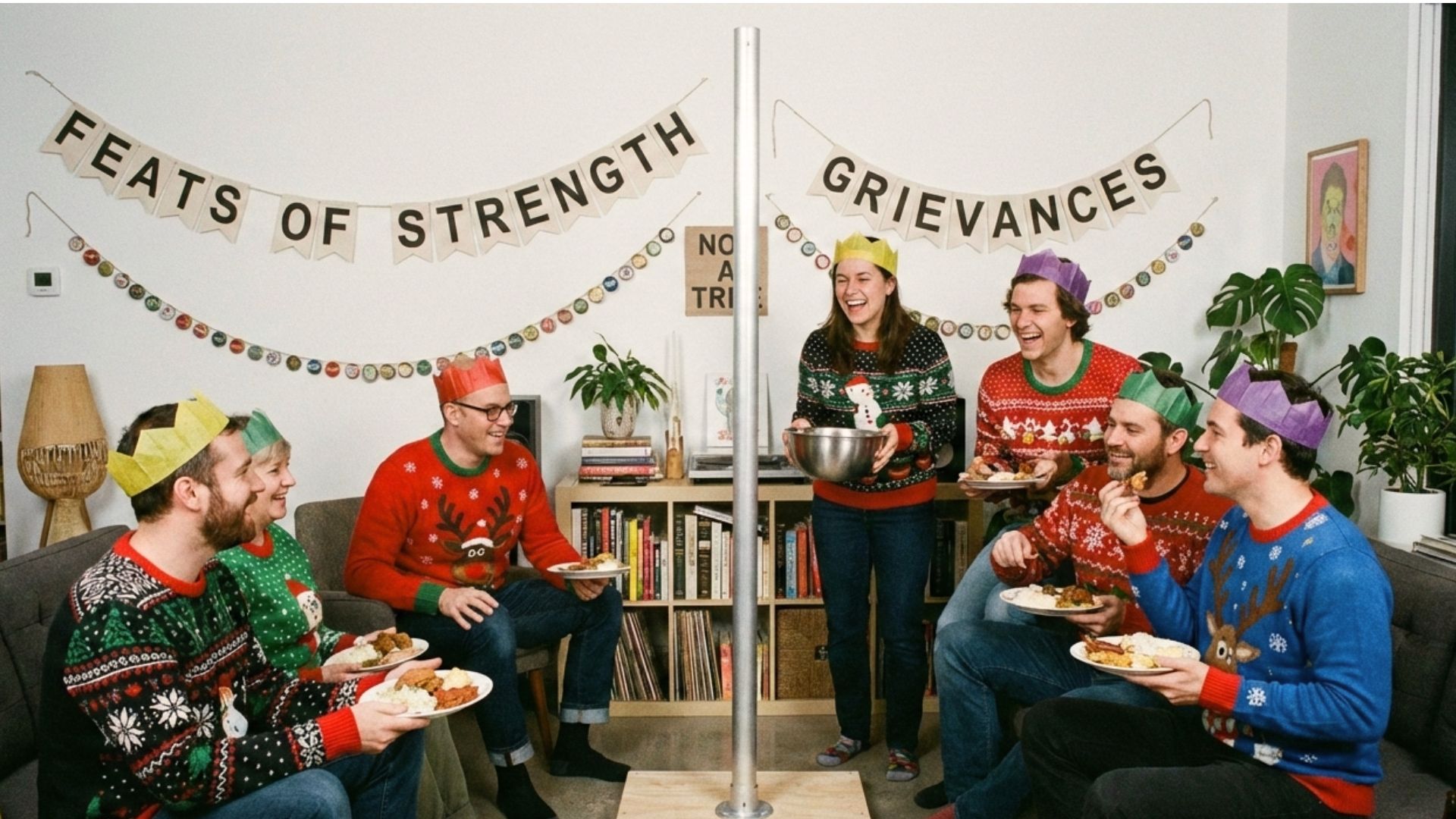 Family gathering with a minimalist “Festivus pole” and quirky decorations, celebrating the unconventional Festivus holiday.