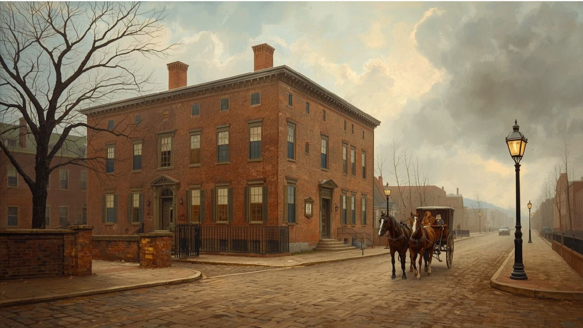 Historic early American setting with colonial-era buildings and artifacts, representing the traditions and origins of Forefathers’ Day.