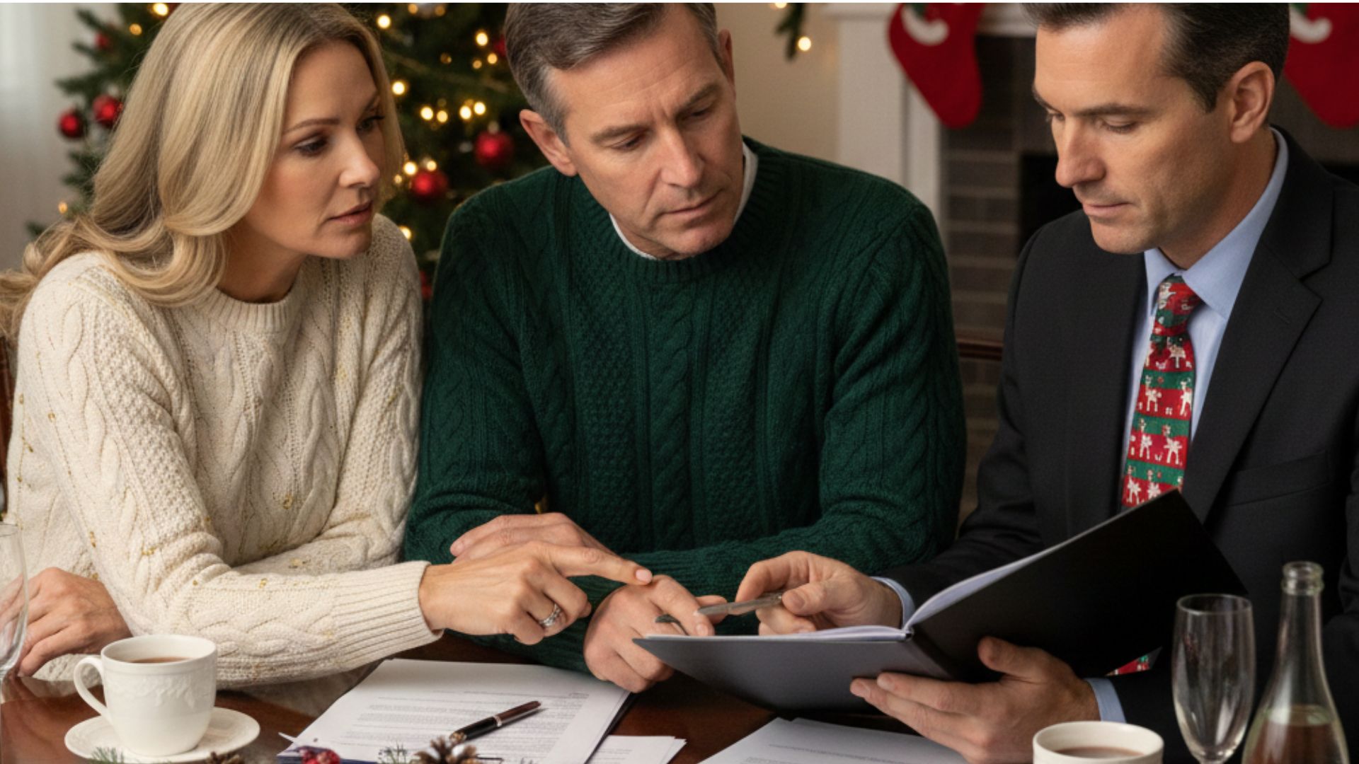 Married couple at a table during the holidays, consulting with an attorney about legal and estate planning questions.
