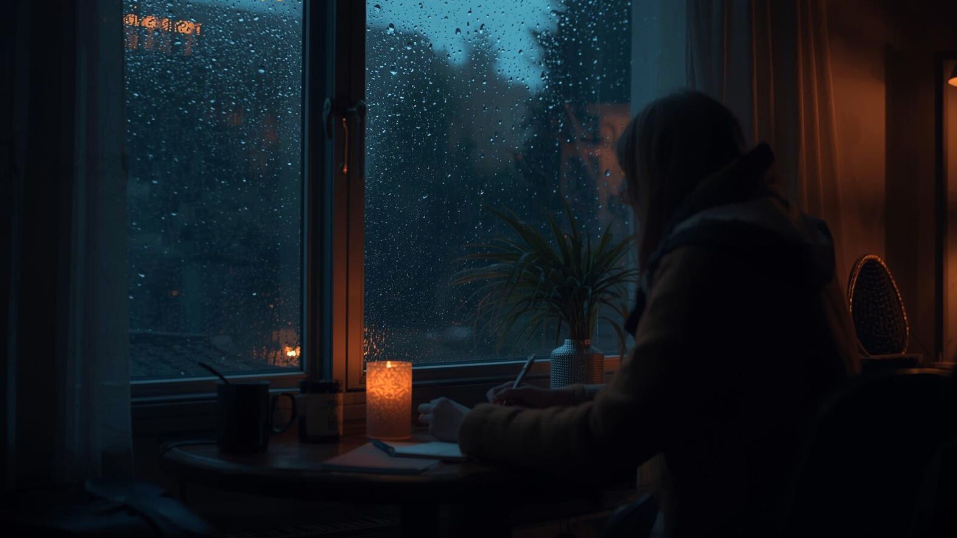 Person journaling near a window at night, symbolizing New Year’s Eve reflection and intentional planning for the year ahead.