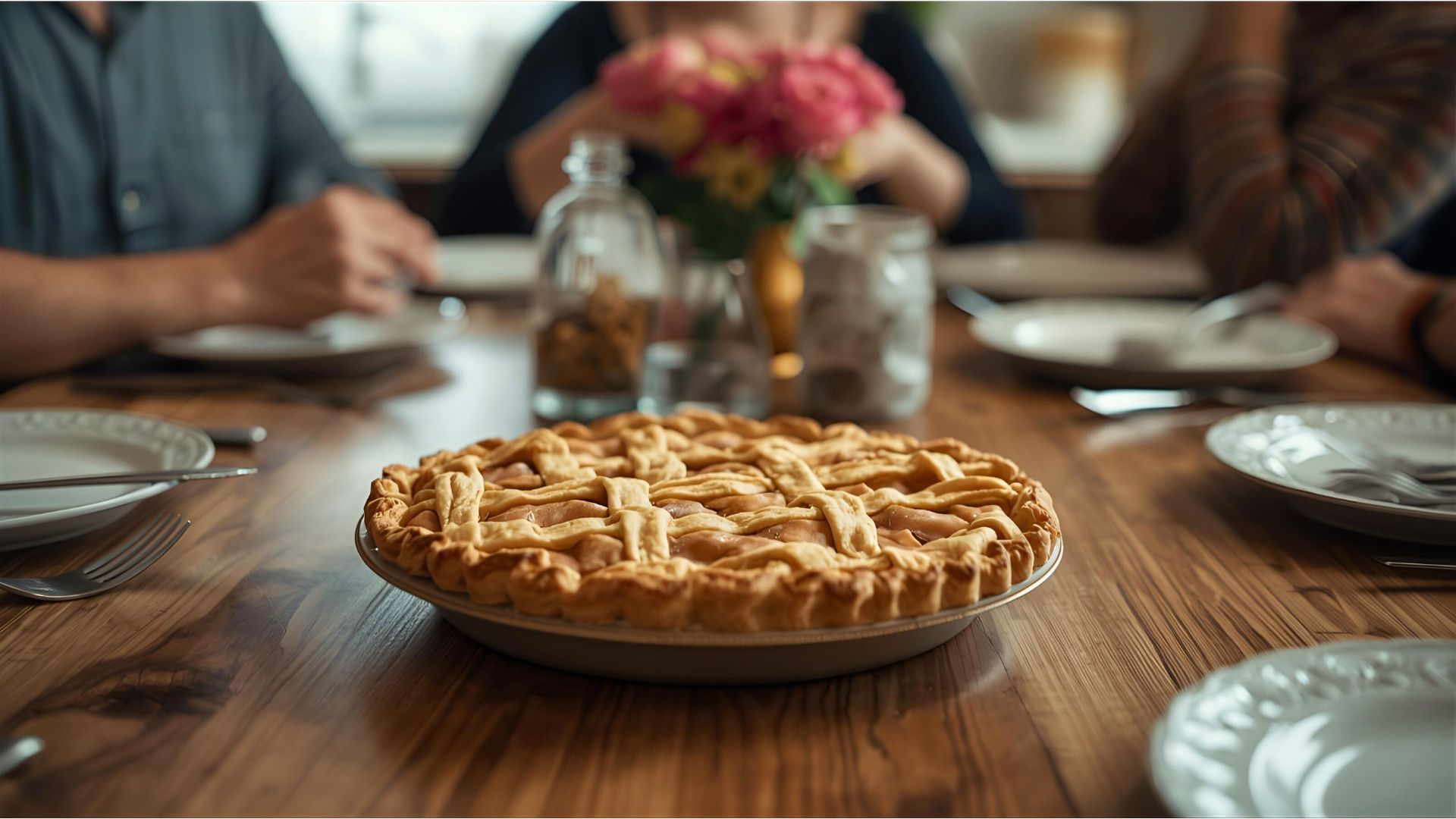 A freshly baked pie on a kitchen table surrounded by family, symbolizing warmth, tradition, and togetherness.