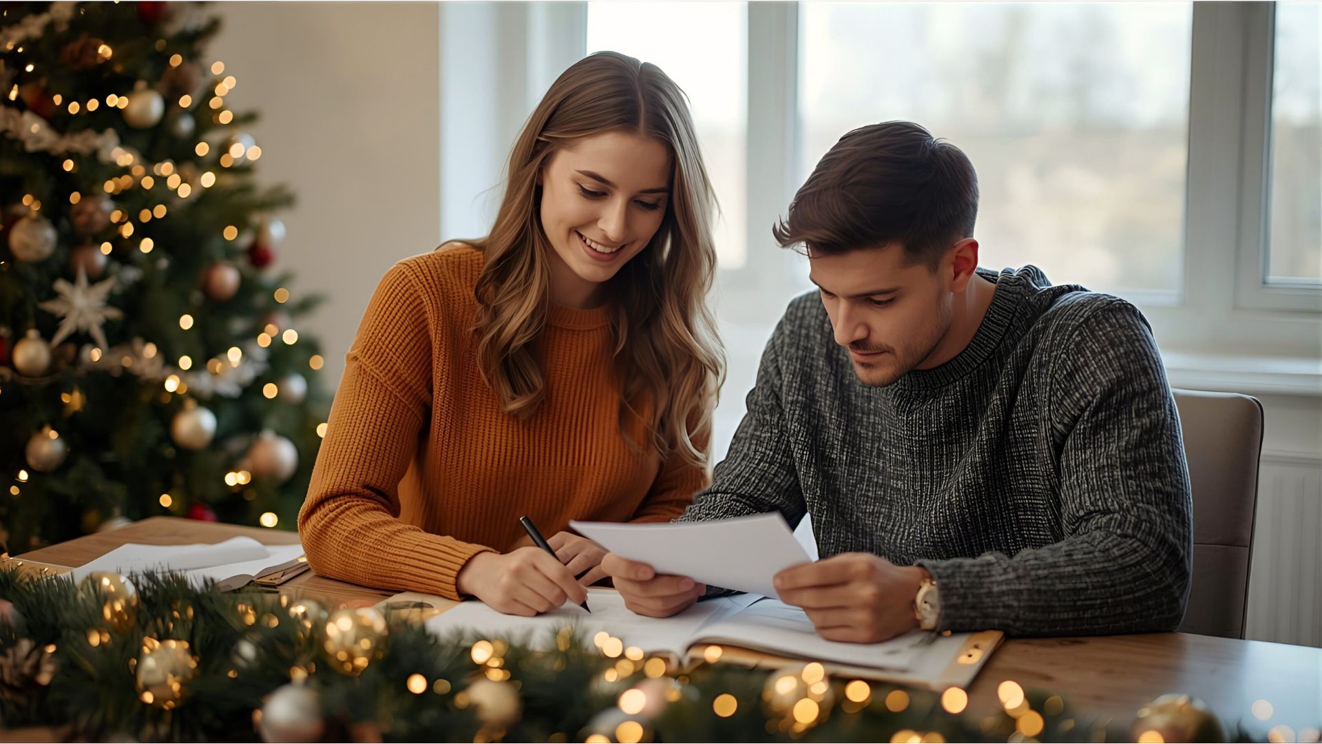 Couple reviewing probate documents at a holiday-decorated table, illustrating the stress and planning involved with probate during the holiday season.