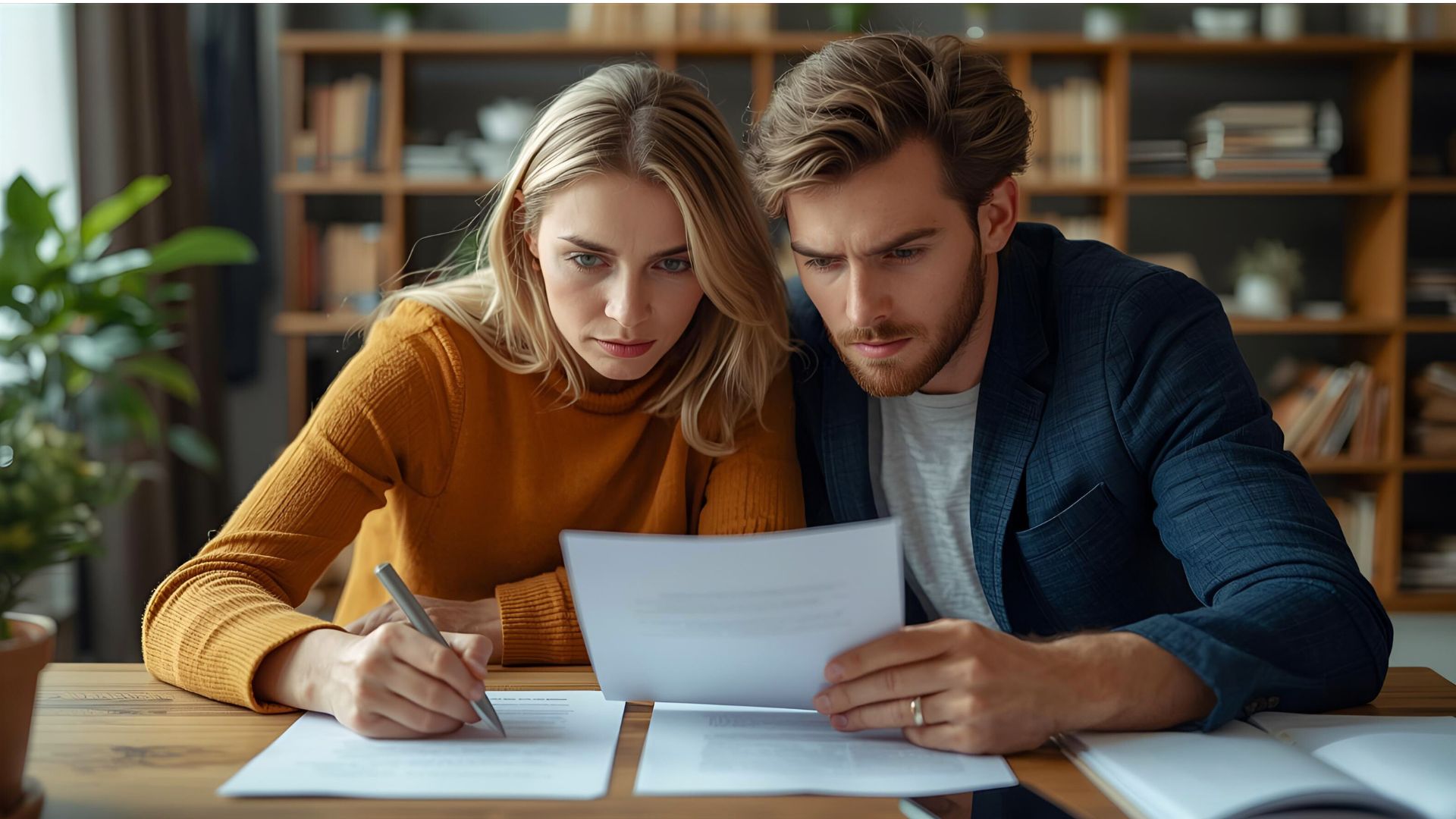 A couple reviewing financial and probate documents together, illustrating how debt is handled during the Wisconsin probate process.