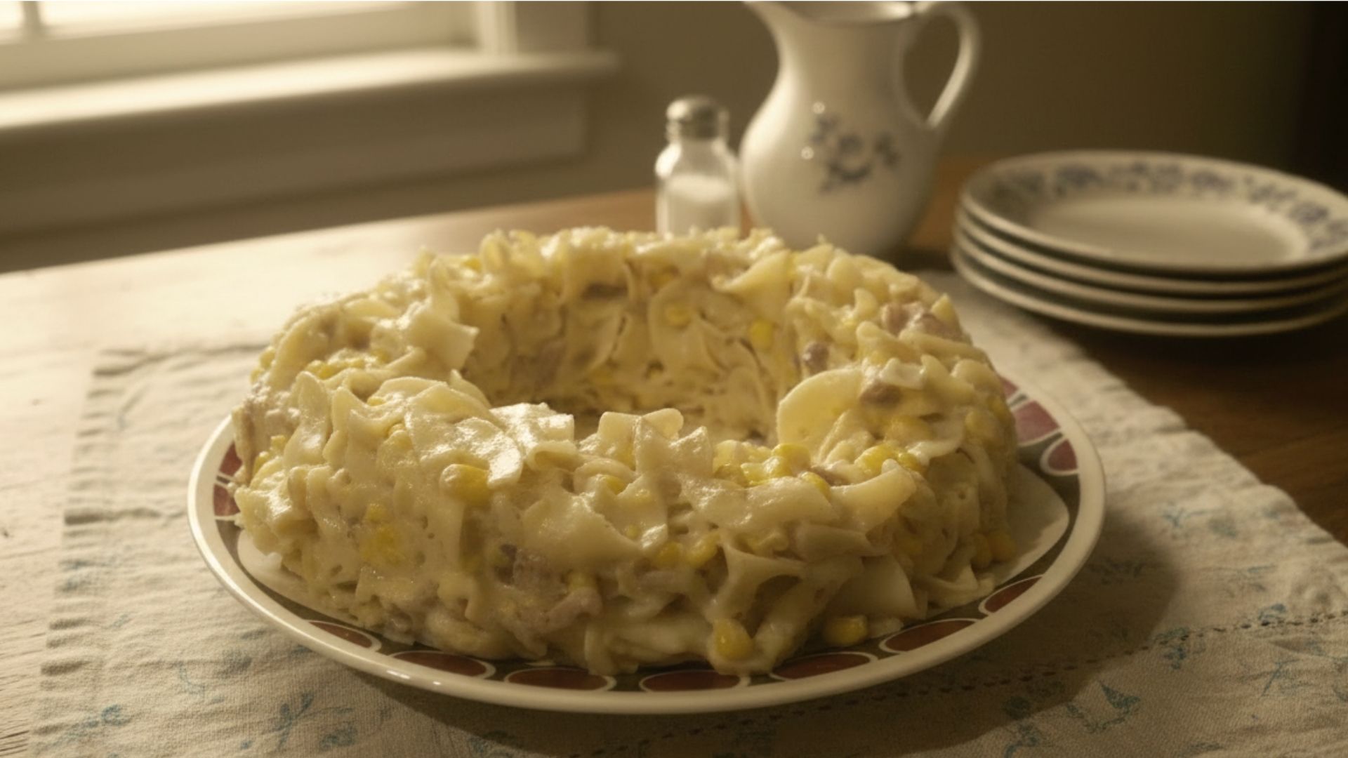 Vintage-style noodle ring dish served on a table, highlighting the retro comfort-food trend making a modern comeback.