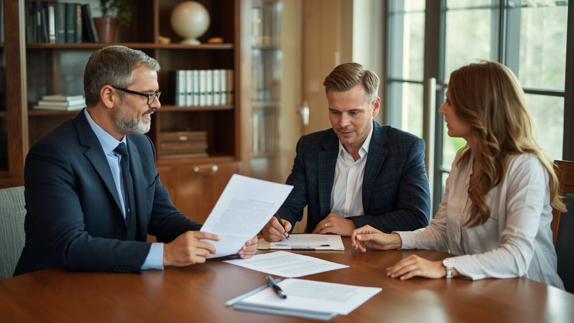 Attorney explaining Wisconsin probate rules to a couple, focusing on jointly owned assets and automatic transfer rights.