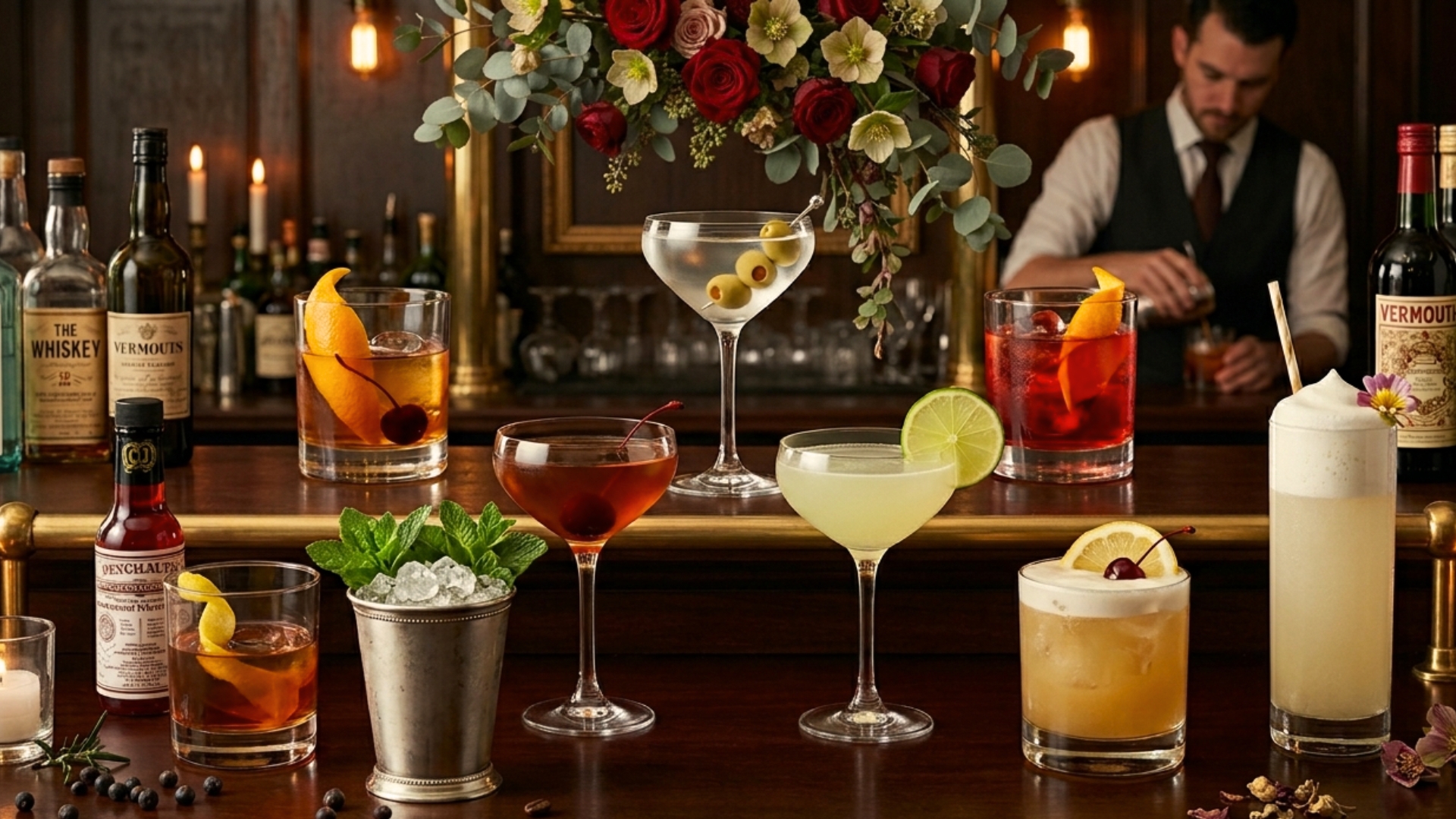 Assortment of classic cocktails with garnishes celebrating National Cocktail Day and mixology history