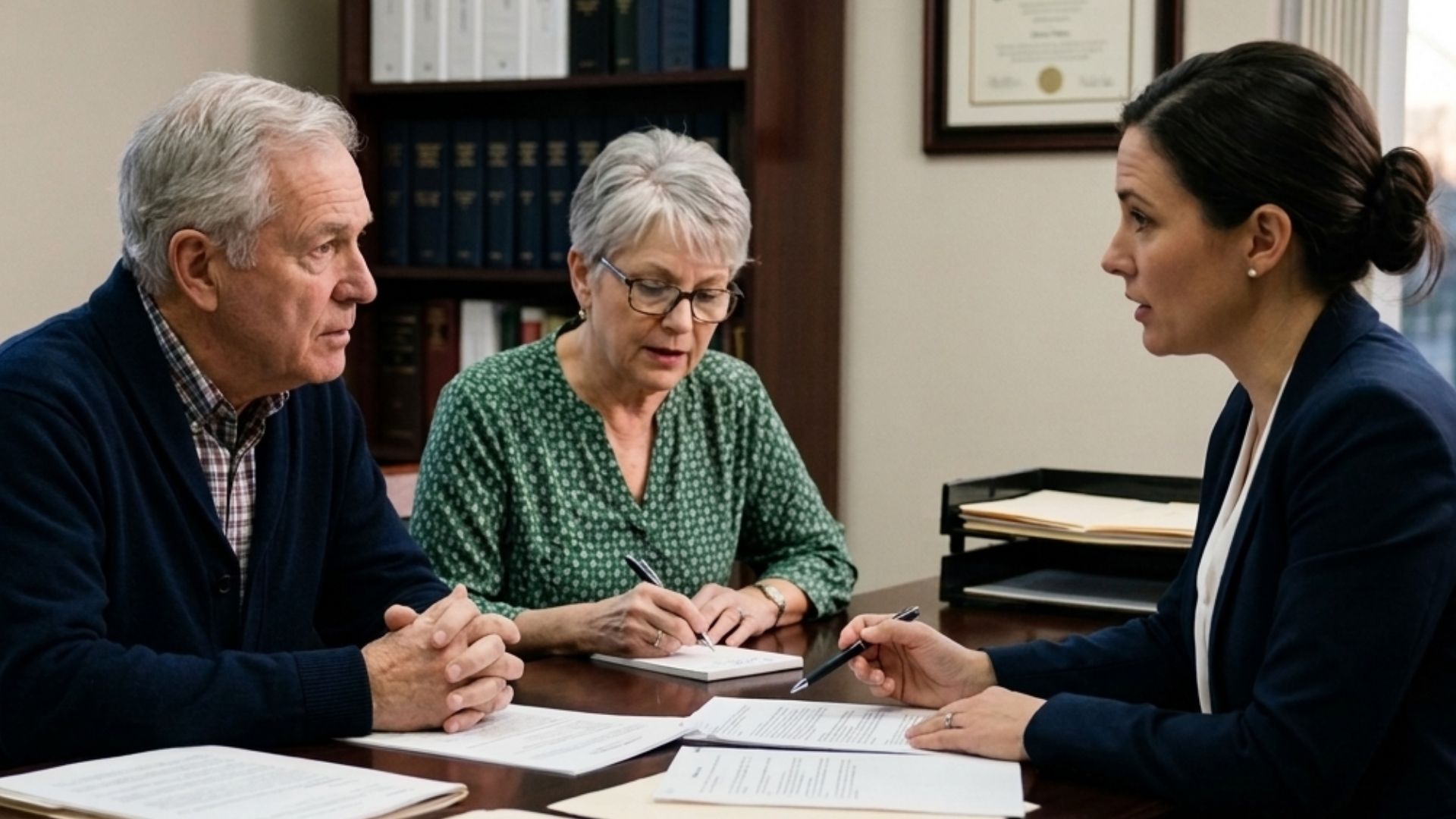 A mature couple in Wisconsin discussing legal documents with a professional advisor to establish healthcare directives.