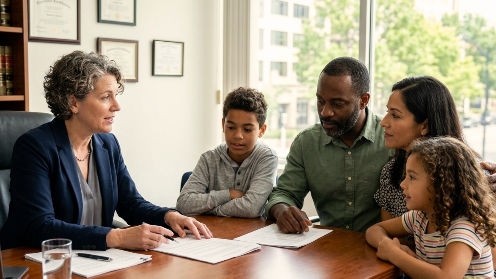 Blended family discussing Wisconsin estate planning strategies to prevent inheritance disputes with their lawyer