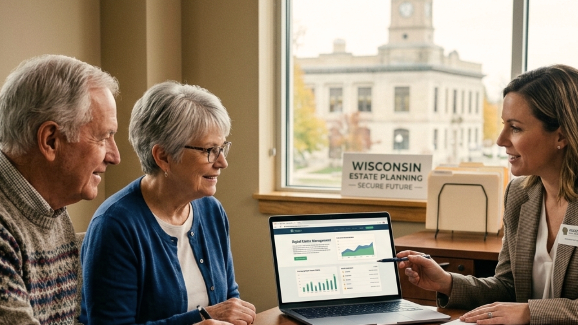 Senior couple managing digital accounts safely with Wisconsin estate planning professional