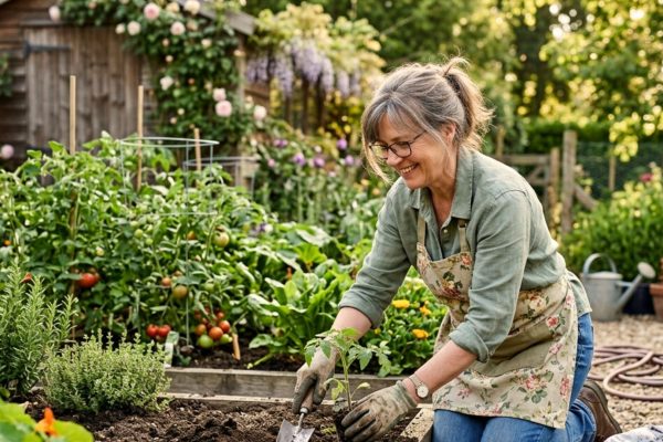 Person gardening outdoors planting flowers and vegetables promoting mental and physical wellbeing