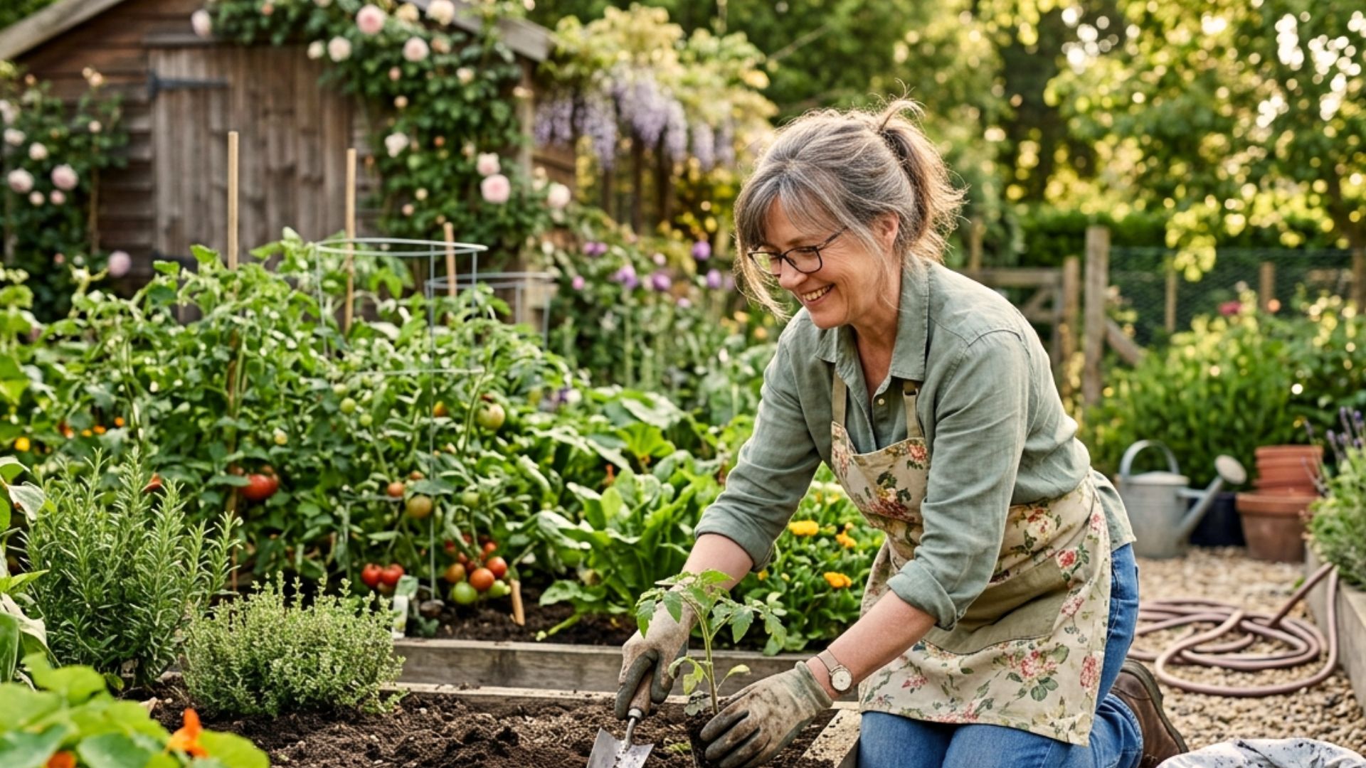 Person gardening outdoors planting flowers and vegetables promoting mental and physical wellbeing