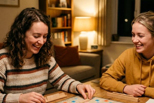 Two friends playing Scrabble board game to improve vocabulary and cognitive skills on National Scrabble Day