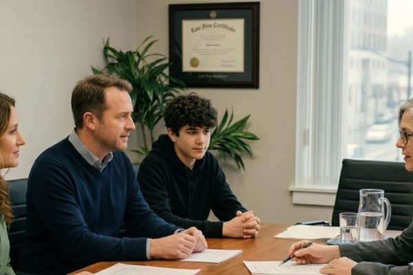 Blended family meeting with Wisconsin estate planning attorney to protect biological heirs and inheritance rights