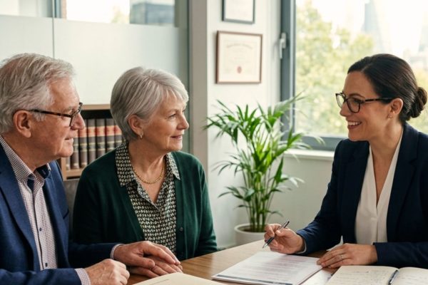 Senior couple meeting with Wisconsin estate planning attorney about Medicaid lookback and home protection strategies