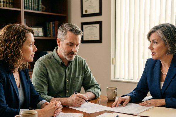 Parents meeting with Wisconsin estate planning attorney to discuss guardianship and protecting children’s future