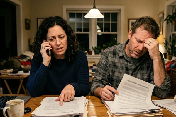 Frustrated couple waiting during delayed Wisconsin probate process with estate documents and legal review