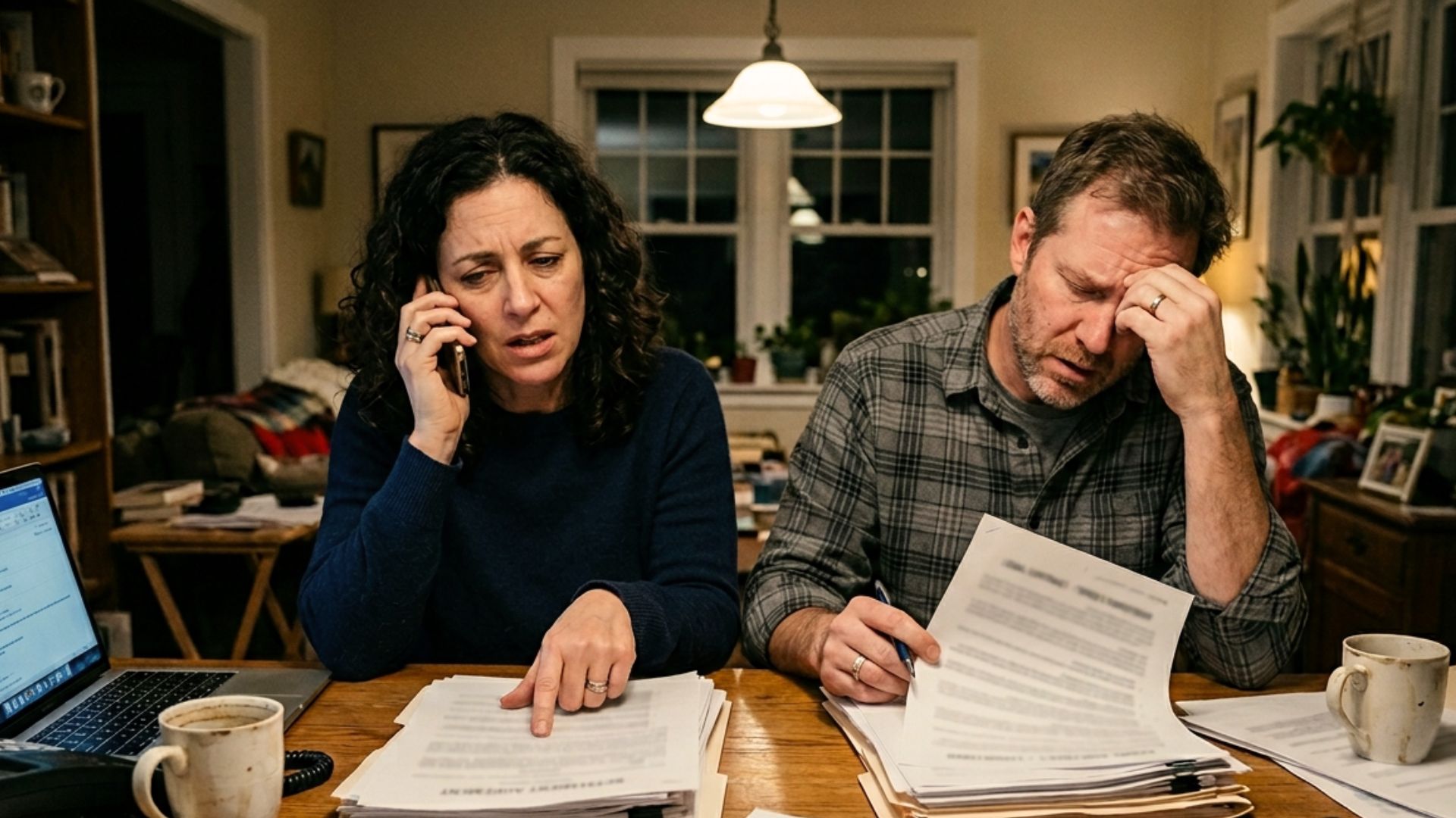 Frustrated couple waiting during delayed Wisconsin probate process with estate documents and legal review