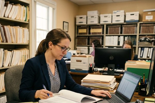 A representative organizing estate inventory and financial records during Wisconsin probate asset cataloging process