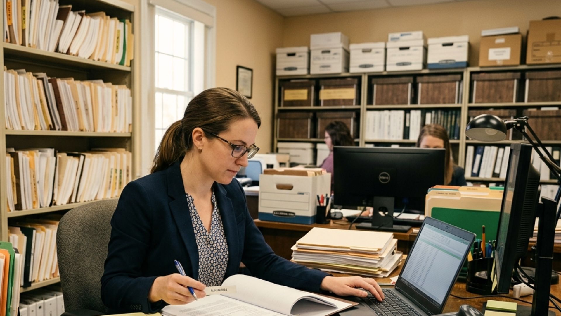 A representative organizing estate inventory and financial records during Wisconsin probate asset cataloging process