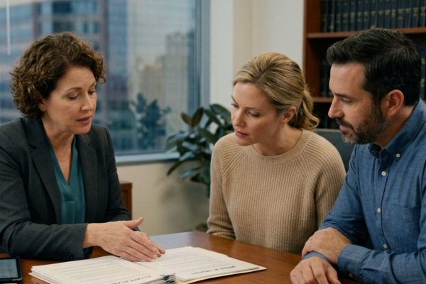 Lawyer explaining things to a couple and highlighting common myths about trusts and unexpected probate involvement