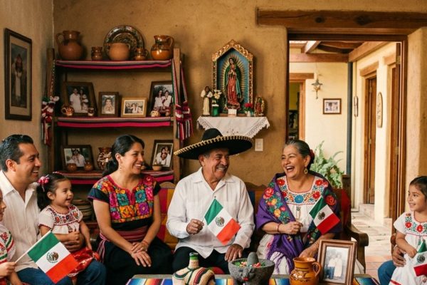 Mexican family celebrating with traditional attire and flags representing the true meaning of Cinco de Mayo
