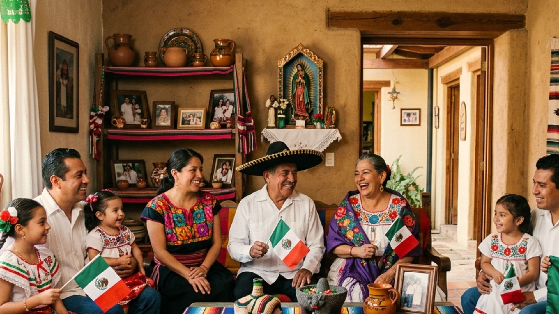 Mexican family celebrating with traditional attire and flags representing the true meaning of Cinco de Mayo