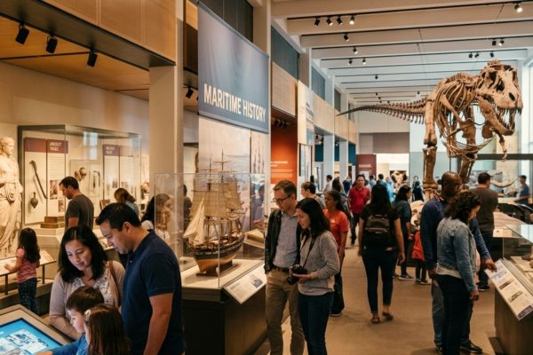 Visitors exploring modern museum exhibits highlighting history culture and education in the digital age