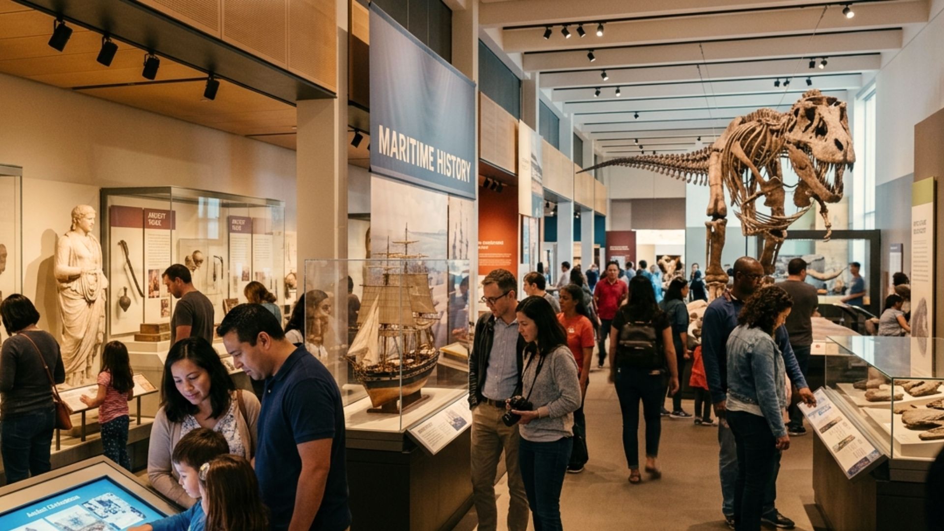 Visitors exploring modern museum exhibits highlighting history culture and education in the digital age
