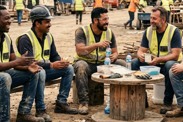 Diverse workers sitting together and talking about workers' rights signifying International Workers Day