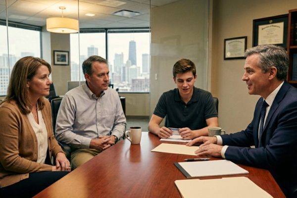 Parents with their song meeting with Wisconsin estate planning attorney about legal planning for college-age children turning 18