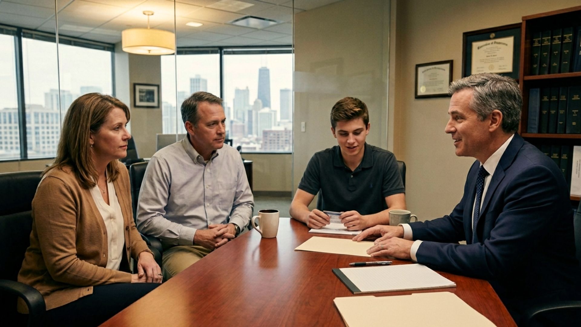 Parents with their song meeting with Wisconsin estate planning attorney about legal planning for college-age children turning 18