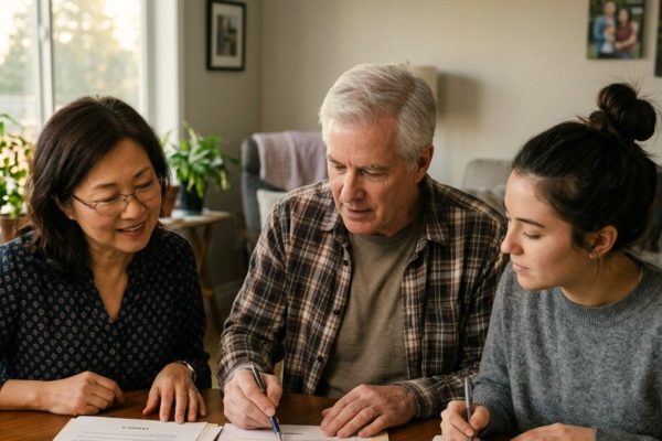 Parents and college graduate reviewing Wisconsin power of attorney documents with estate planning attorney