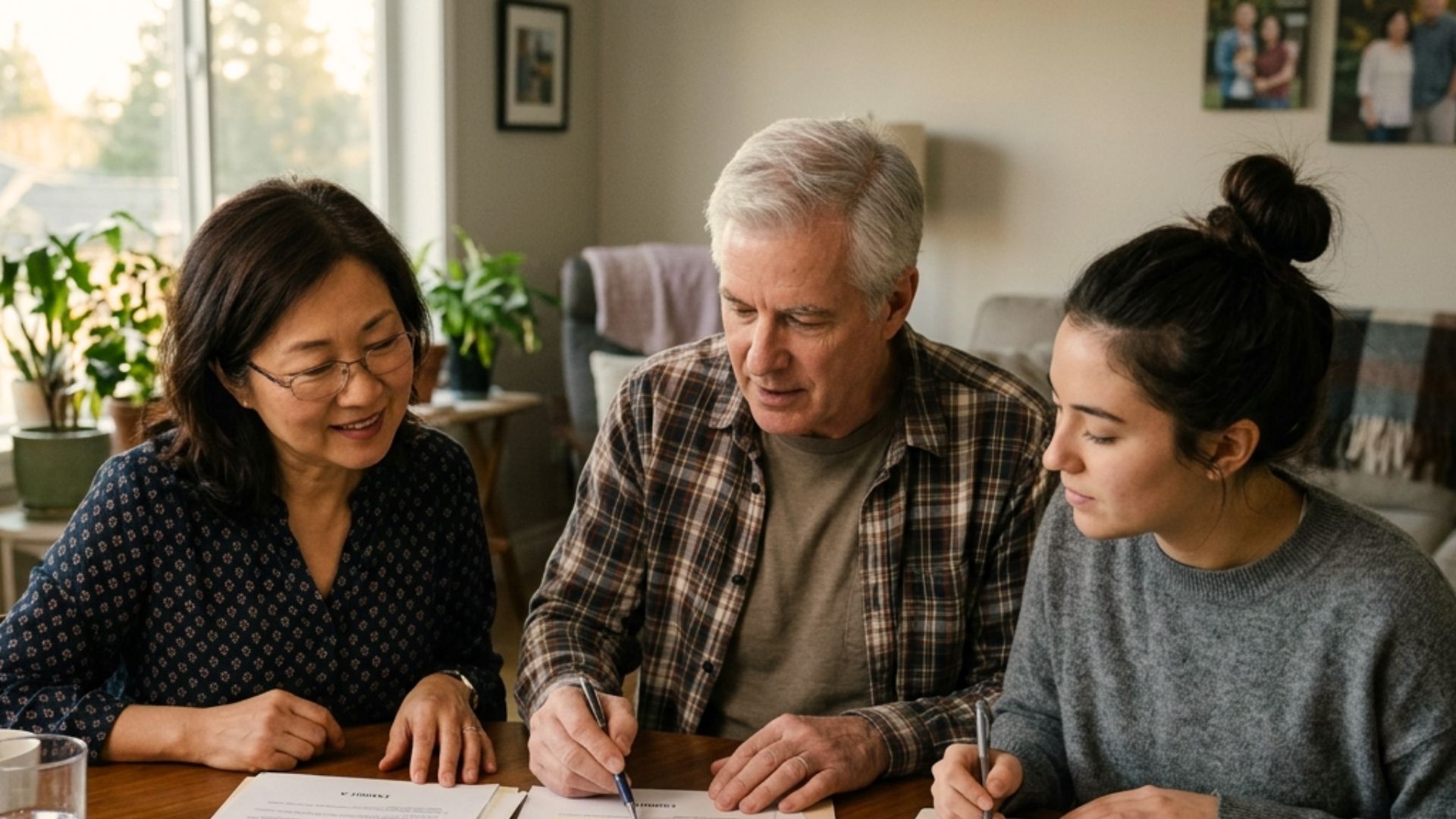 Parents and college graduate reviewing Wisconsin power of attorney documents with estate planning attorney
