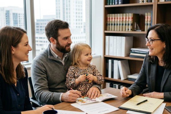 Parents with their child meeting with Wisconsin estate planning attorney to protect children and secure family future