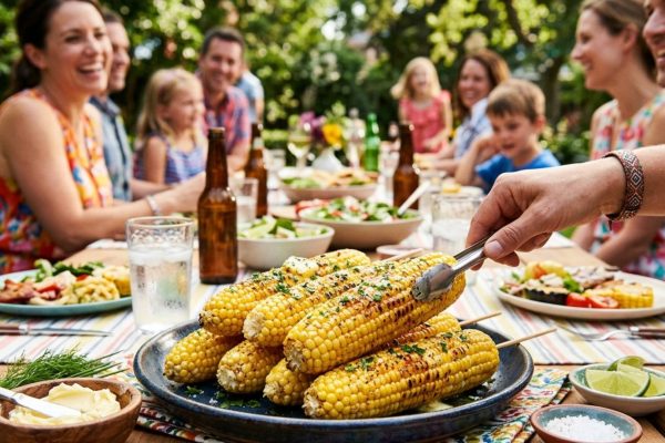 Fresh corn served at a summer gathering with creative toppings and seasonal side dishes celebrating corn on the cob day