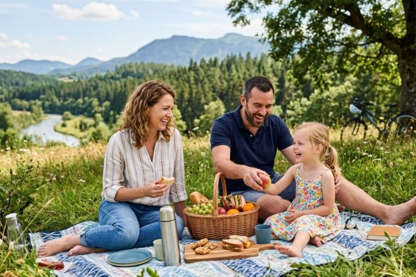 Family enjoying a picnic outdoors on a sunny summer day celebrating International Picnic Day