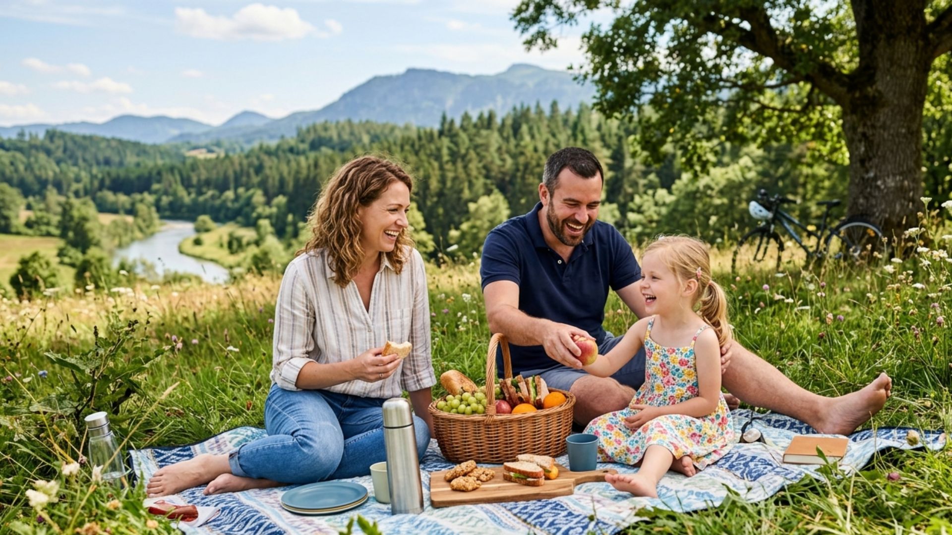 Family enjoying a picnic outdoors on a sunny summer day celebrating International Picnic Day