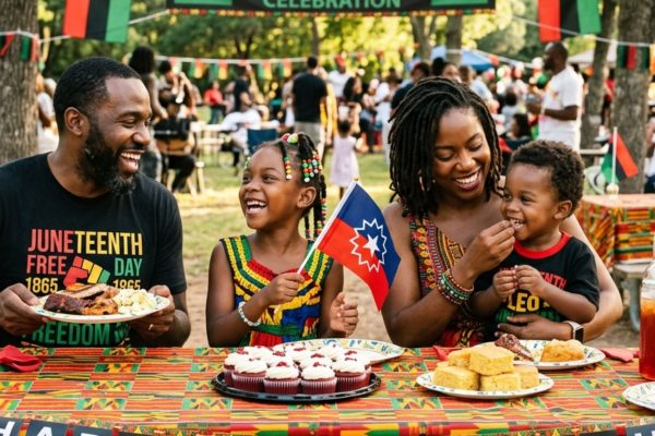 Juneteenth celebration with historical imagery flags and community gathering honoring emancipation in American history