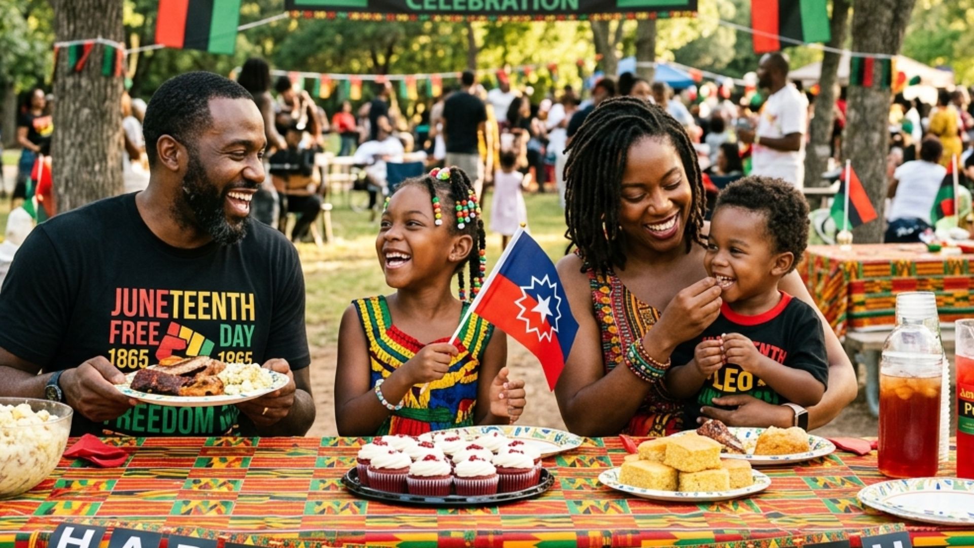 Juneteenth celebration with historical imagery flags and community gathering honoring emancipation in American history
