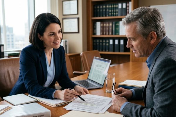Wisconsin estate planning attorney reviewing trust documents with client during estate plan update consultation