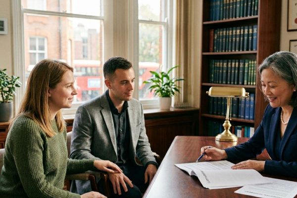 Newlywed couple meeting with Wisconsin estate planning attorney to discuss wills trusts and future family protection