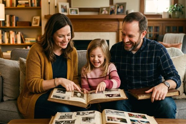 Family members reviewing treasured photo albums and heirlooms during process of probate in Wisconsin