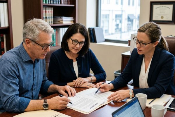 Family and Wisconsin probate attorney reviewing inherited property documents for a multi-generational estate during process of probate in Wisconsin