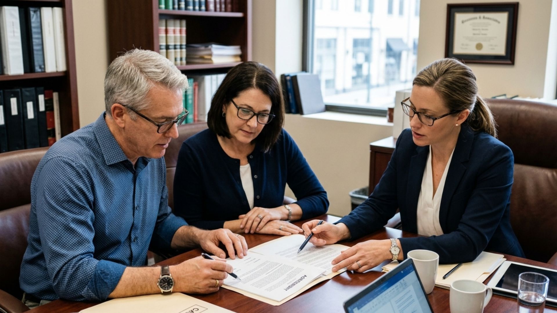 Family and Wisconsin probate attorney reviewing inherited property documents for a multi-generational estate during process of probate in Wisconsin