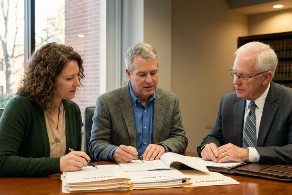 Family reviewing financial documents with Wisconsin probate attorney regarding debt owed to deceased relative during process of probate in Wisconsin