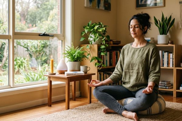 Woman practicing mindfulness and relaxation while prioritizing mental health, physical wellness, and personal wellbeing on International Self-Care Day